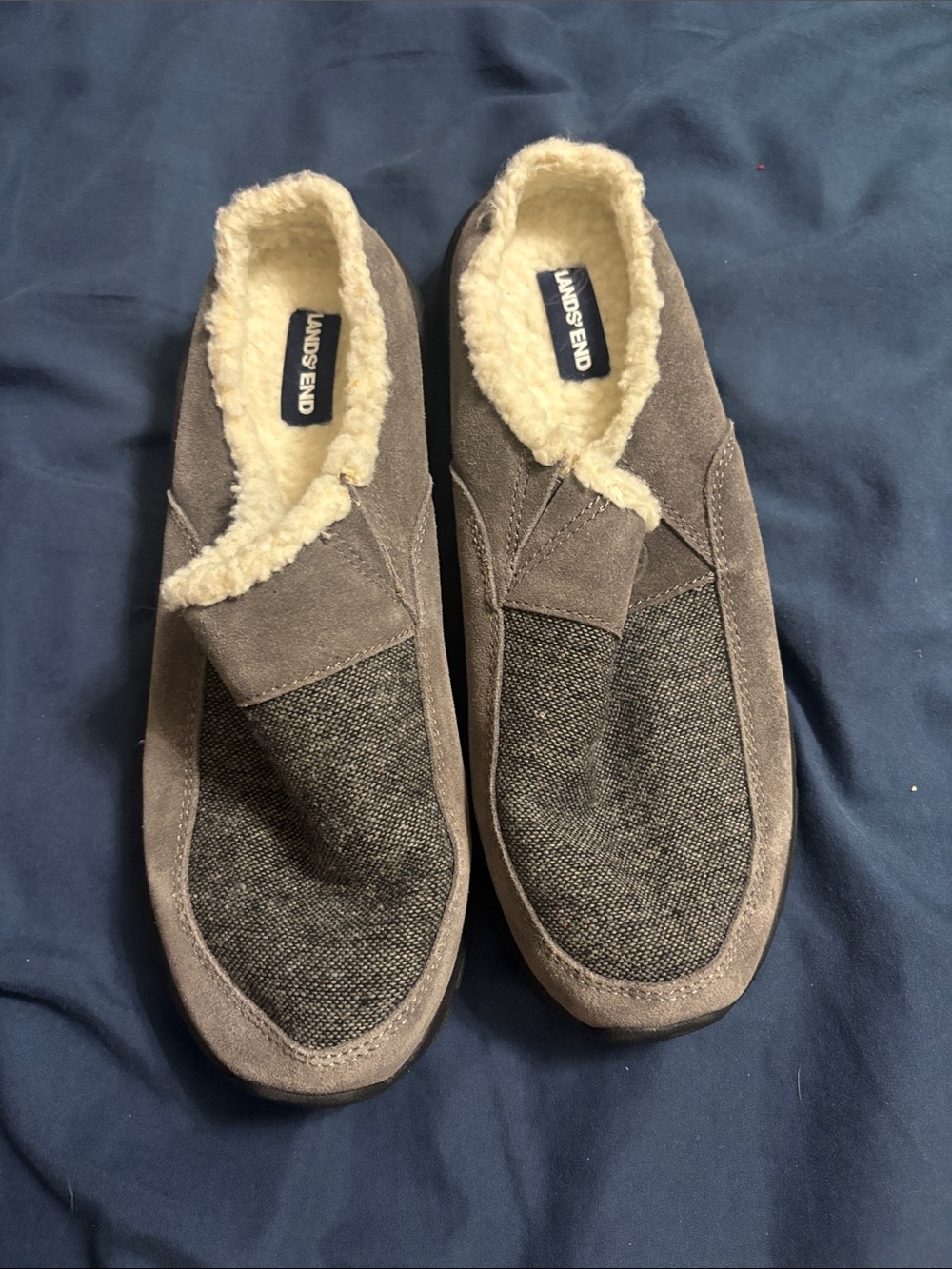 Lands' End Women’s Gray Suede & Textile Fleece-Lined Slip-Ons